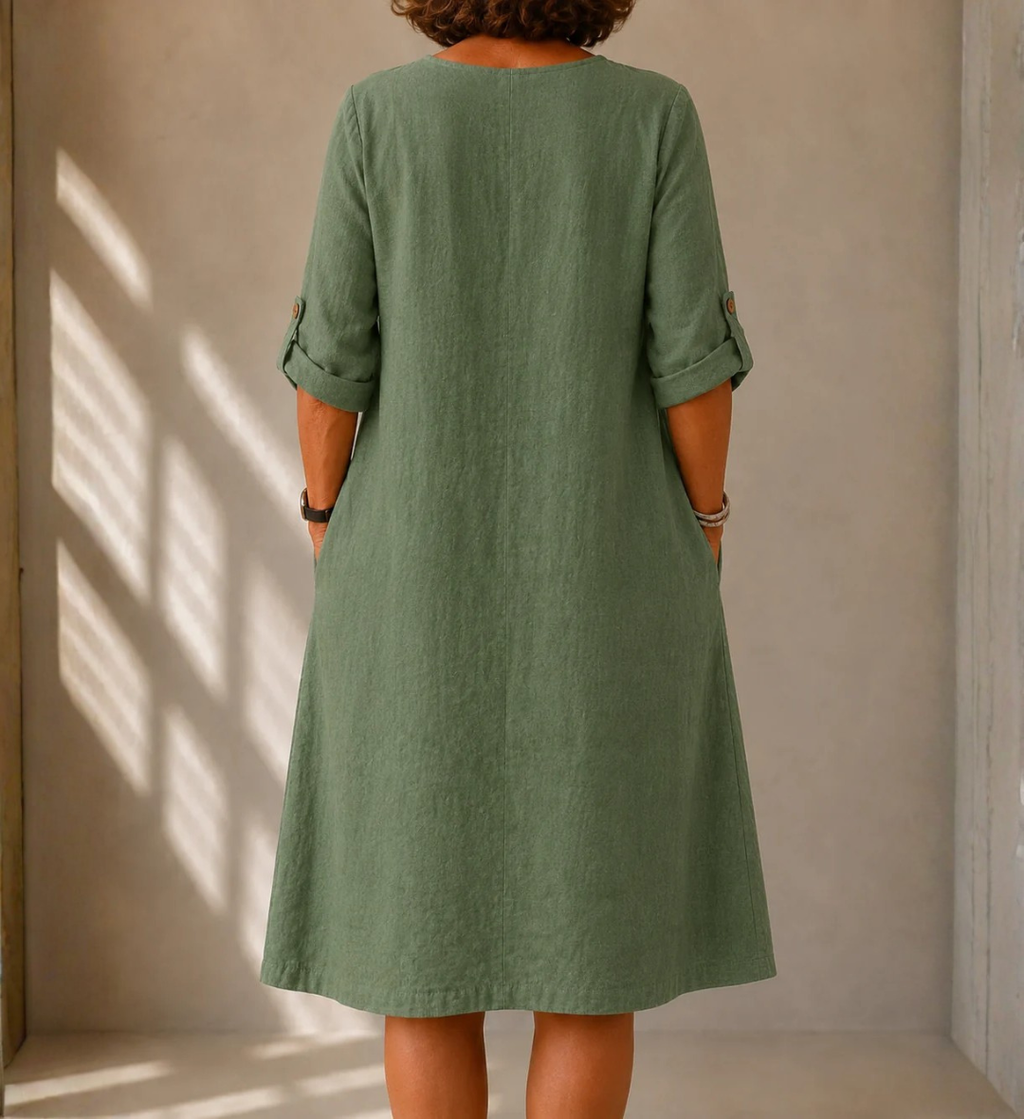 SOFIA™ | VESTIDO MIDI DE LINO CON ESCOTE EN V Y BOLSILLOS