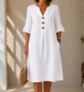 BLANCA™ | VESTIDO MIDI DE LINO CON BOTONES Y VOLANTES EN LAS MANGAS