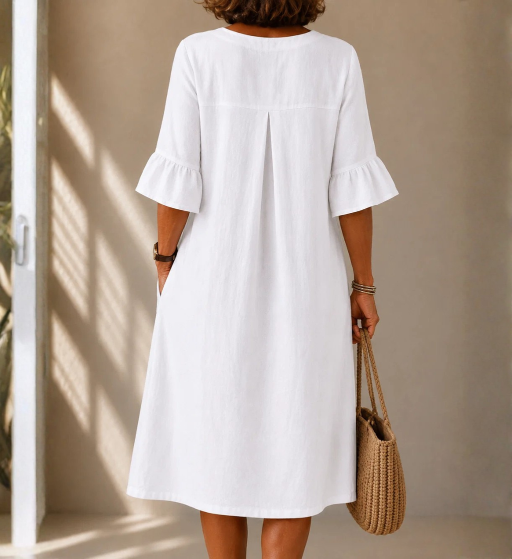 BLANCA™ | VESTIDO MIDI DE LINO CON BOTONES Y VOLANTES EN LAS MANGAS