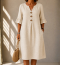 ADELA™ | VESTIDO MIDI DE LINO CON BOTONES Y VOLANTES EN LAS MANGAS