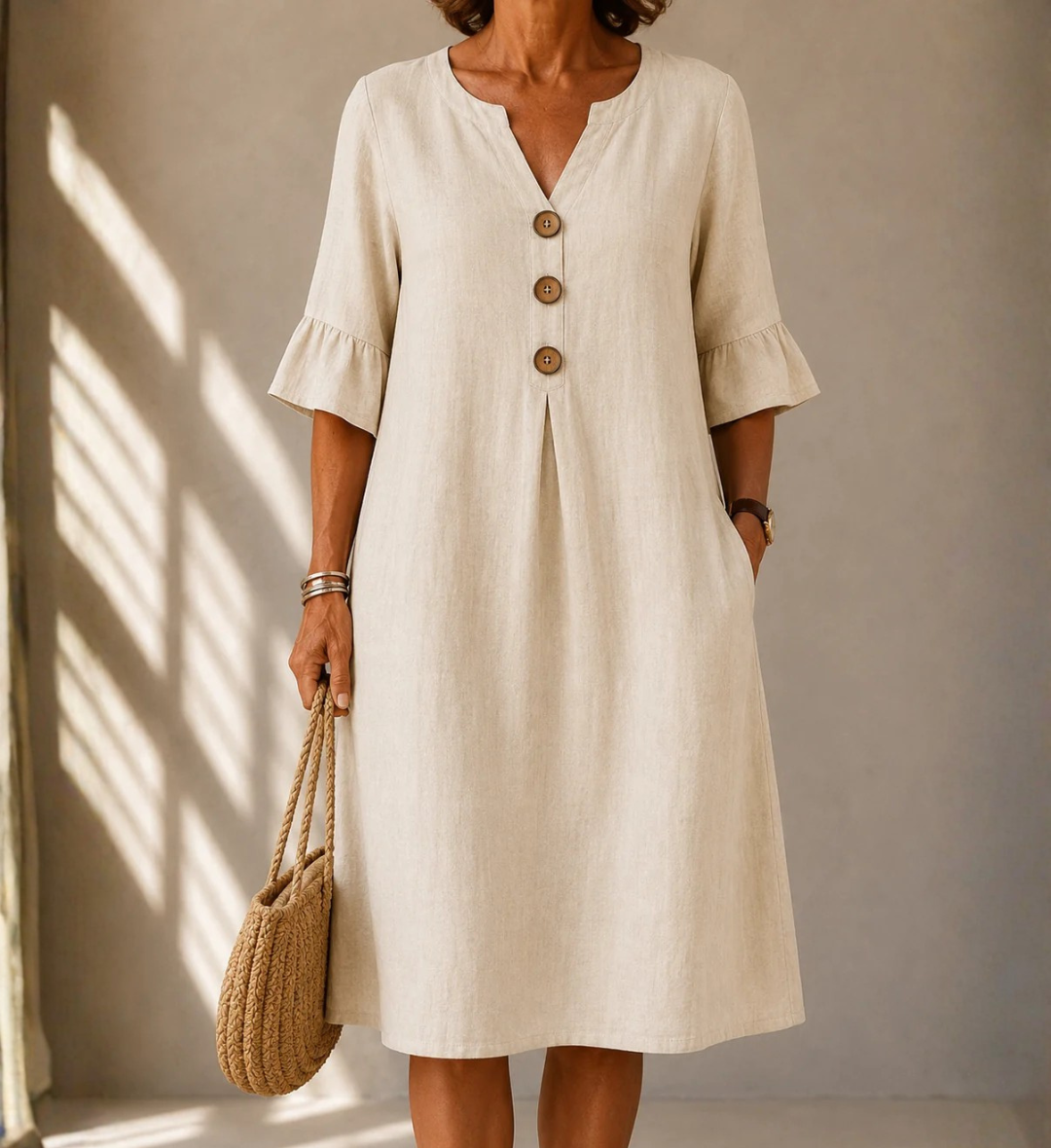 ADELA™ | VESTIDO MIDI DE LINO CON BOTONES Y VOLANTES EN LAS MANGAS