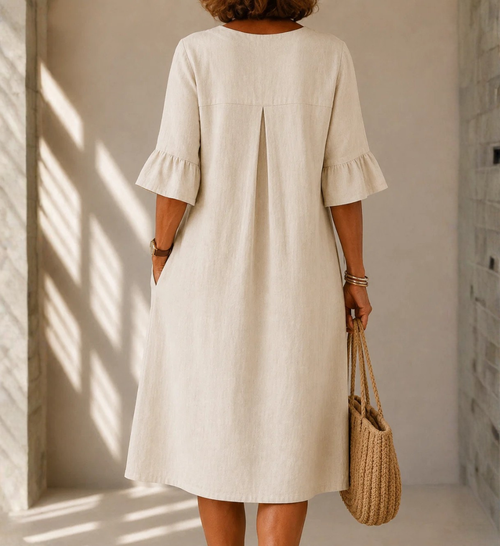 ADELA™ | VESTIDO MIDI DE LINO CON BOTONES Y VOLANTES EN LAS MANGAS