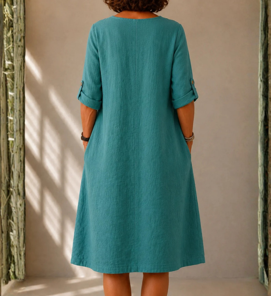 CANDELA™ | VESTIDO MIDI DE LINO CON ESCOTE EN V Y BOLSILLOS