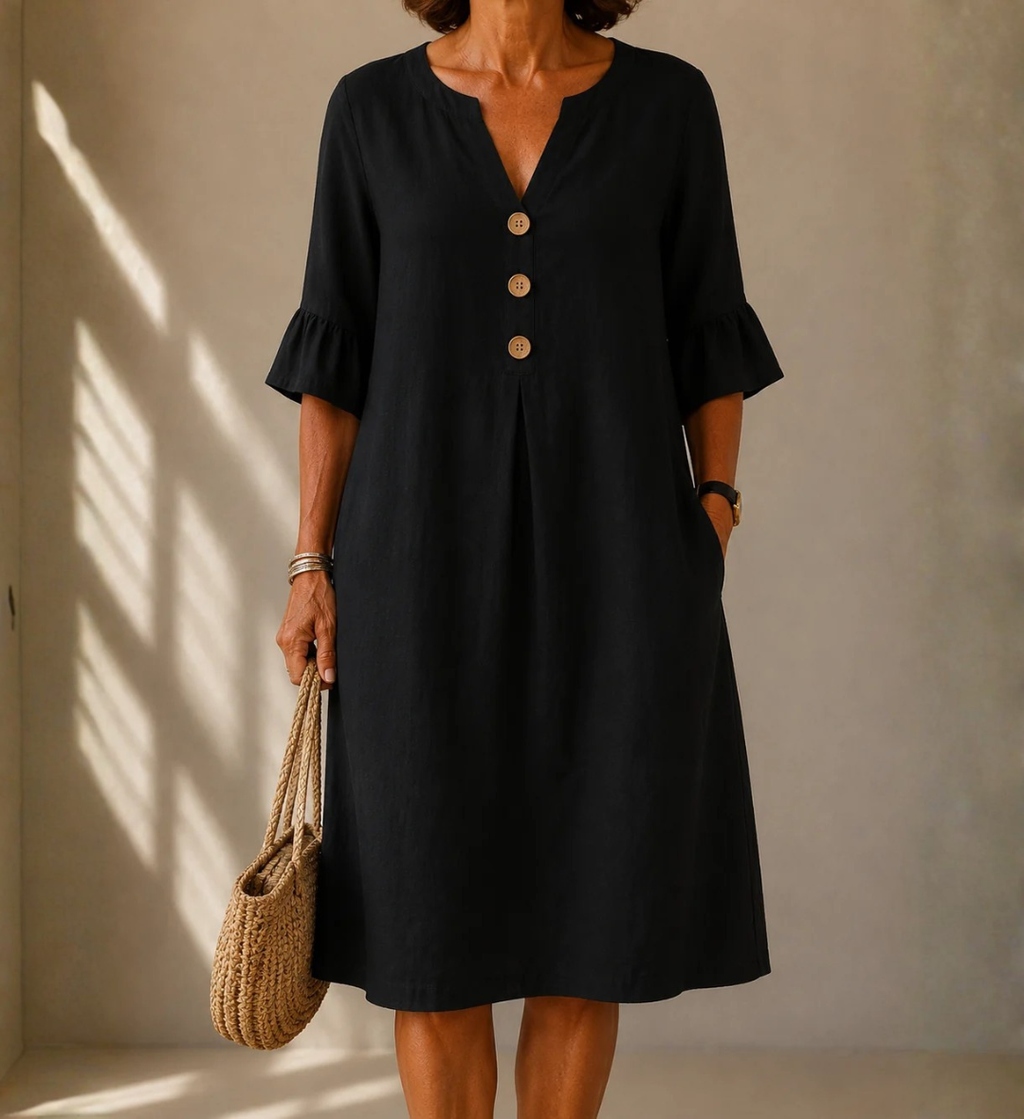 MARTINA™ | VESTIDO MIDI DE LINO CON BOTONES Y VOLANTES EN LAS MANGAS