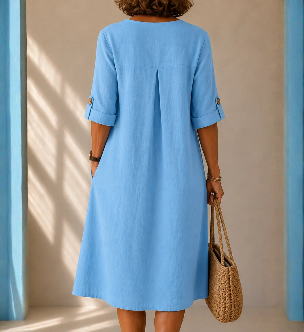 LUCÍA™ | VESTIDO MIDI DE LINO CON BOTONES Y MANGAS AJUSTABLES