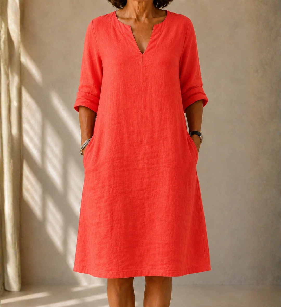 ROCÍO™ | VESTIDO MIDI DE LINO CON ESCOTE EN V Y BOLSILLOS