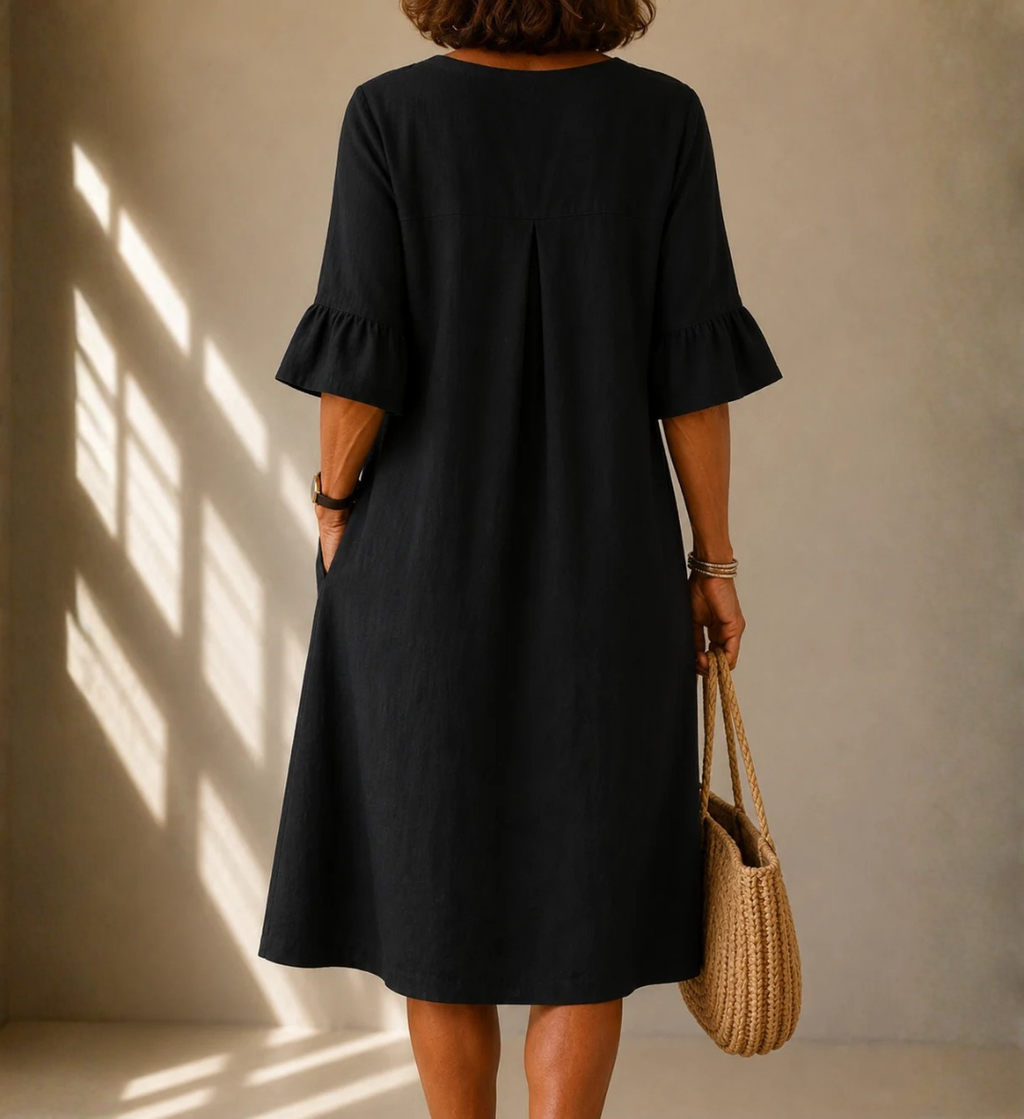 MARTINA™ | VESTIDO MIDI DE LINO CON BOTONES Y VOLANTES EN LAS MANGAS