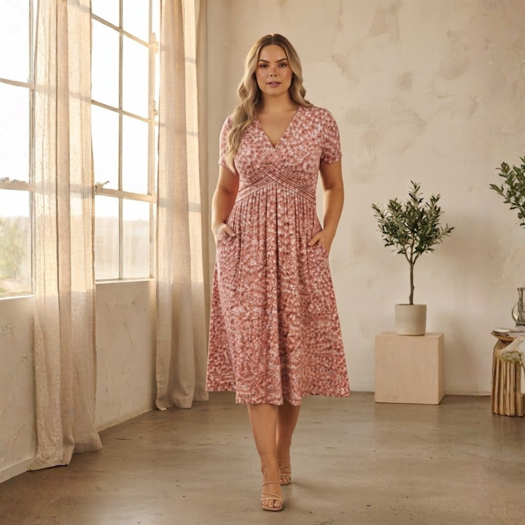 Elegante vestido de mujer con escote en V y estampado floral