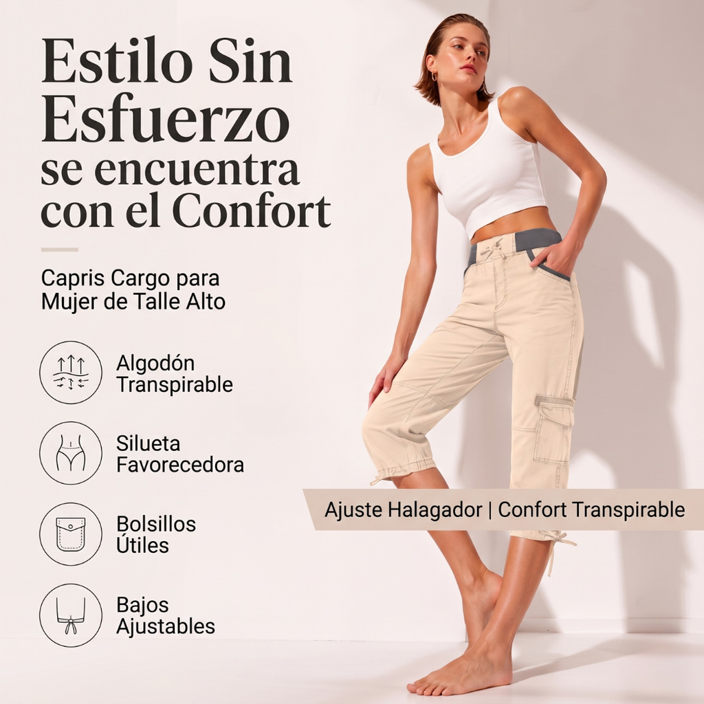 Pantalón Capri Cargo de Talle Alto y Confort Elástico-Juana