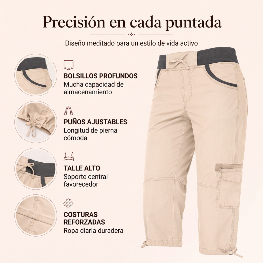 Pantalón Capri Cargo de Talle Alto y Confort Elástico-Juana