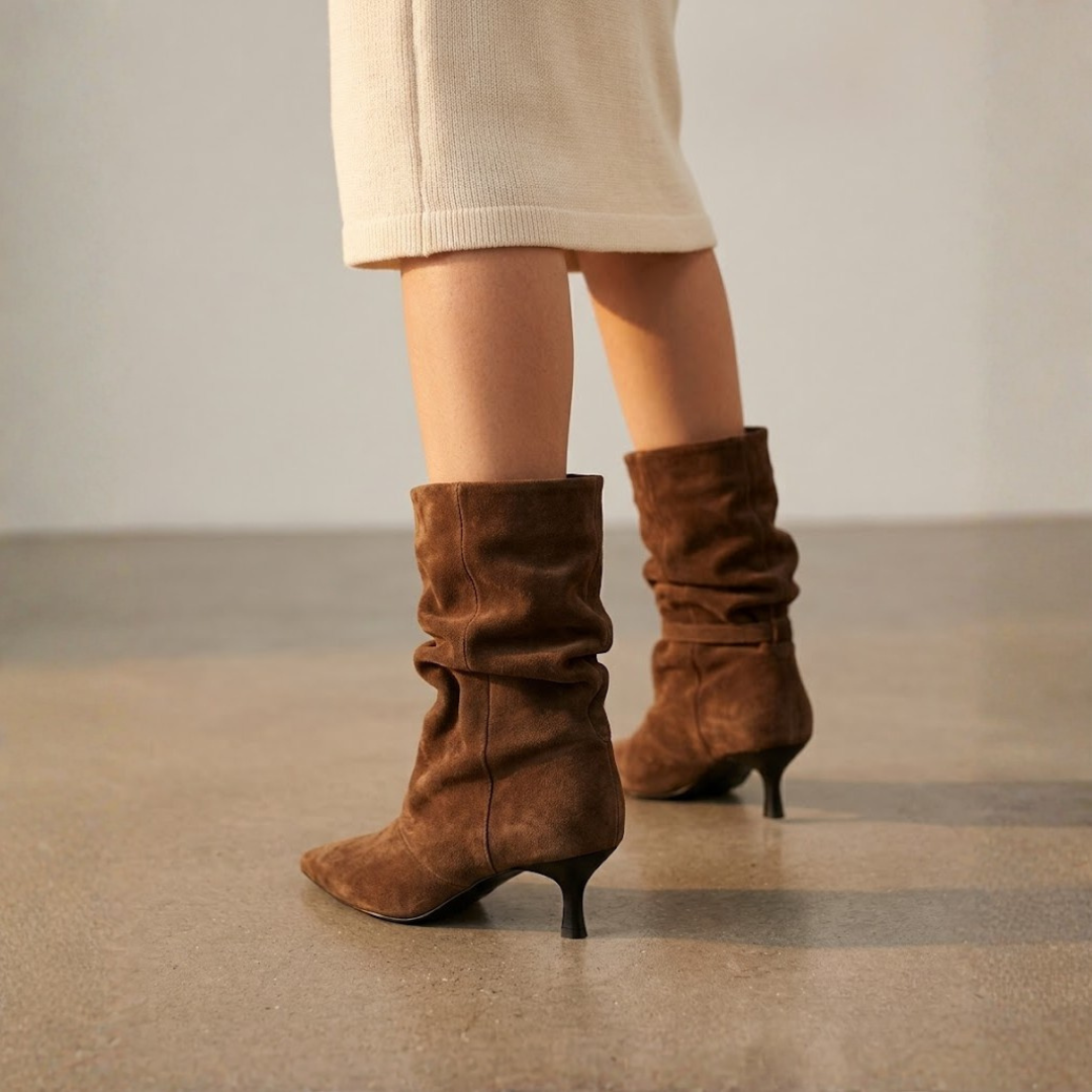 BOTINES SLOUCHY DE ANTE CON TACÓN FINO "VALENTINA"