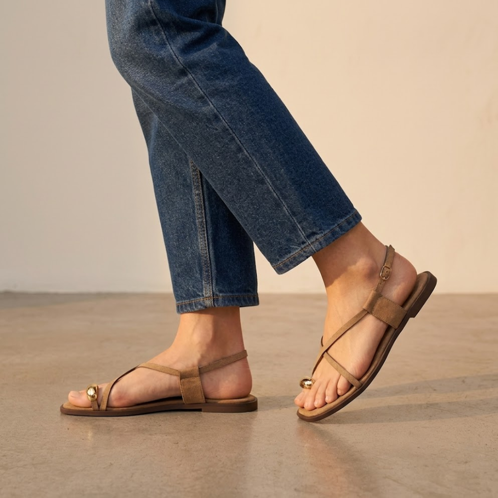 SANDALIAS PLANAS DE TIRAS CRUZADAS CON ESFERA "CARLA"