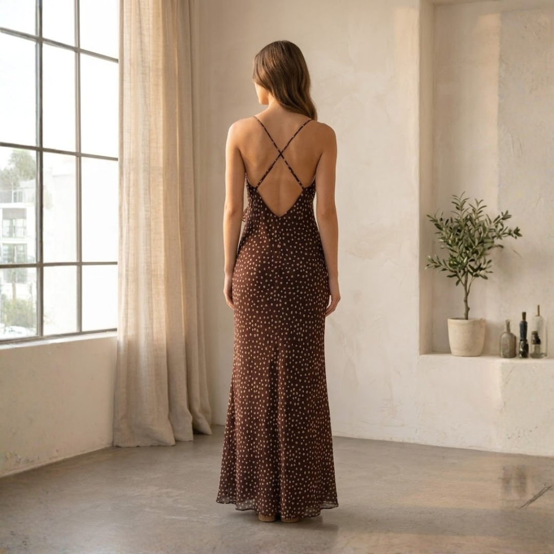 VESTIDO LARGO LENCERO CON VOLANTE Y ESTAMPADO DE TOPOS "CAMILA"
