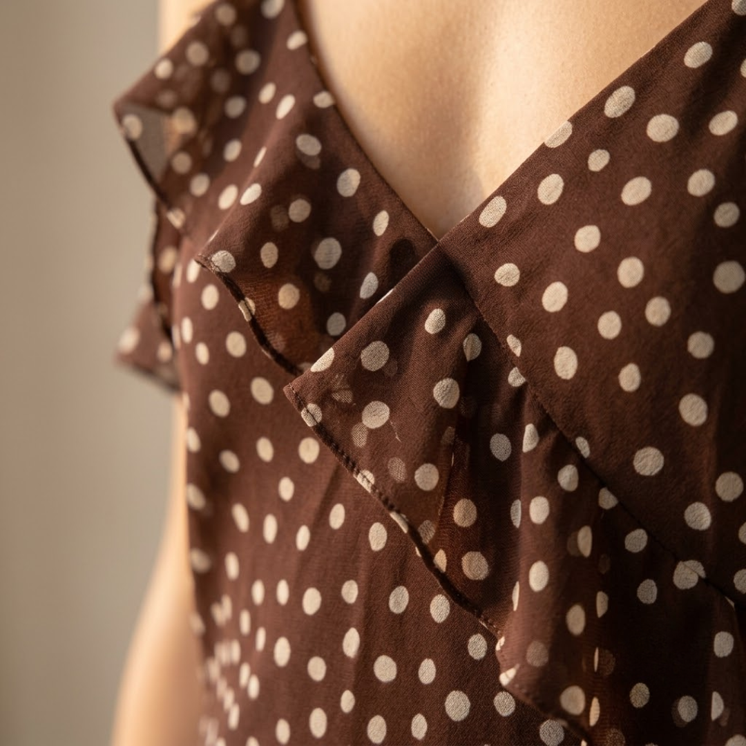 VESTIDO LARGO LENCERO CON VOLANTE Y ESTAMPADO DE TOPOS "CAMILA"