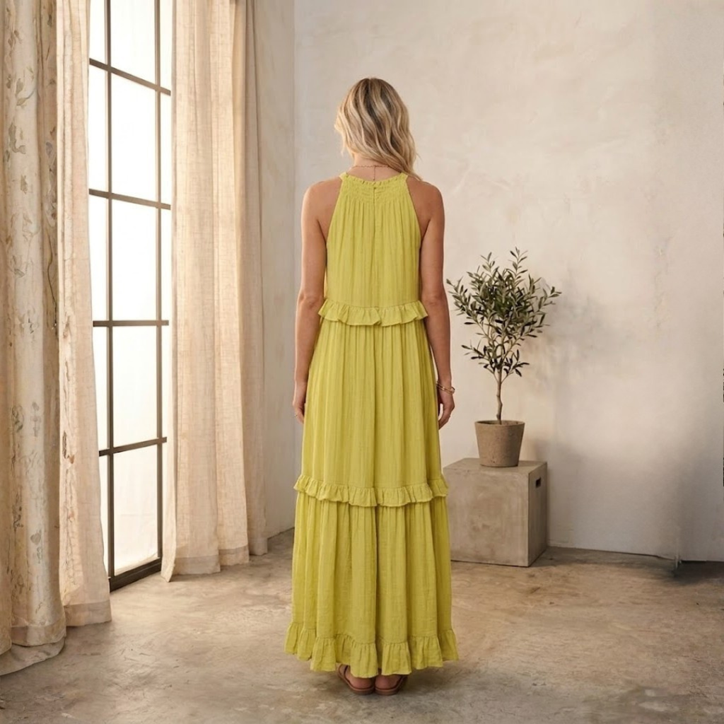 VESTIDO LARGO HALTER CON VOLANTES EN CASCADA "DIANA"