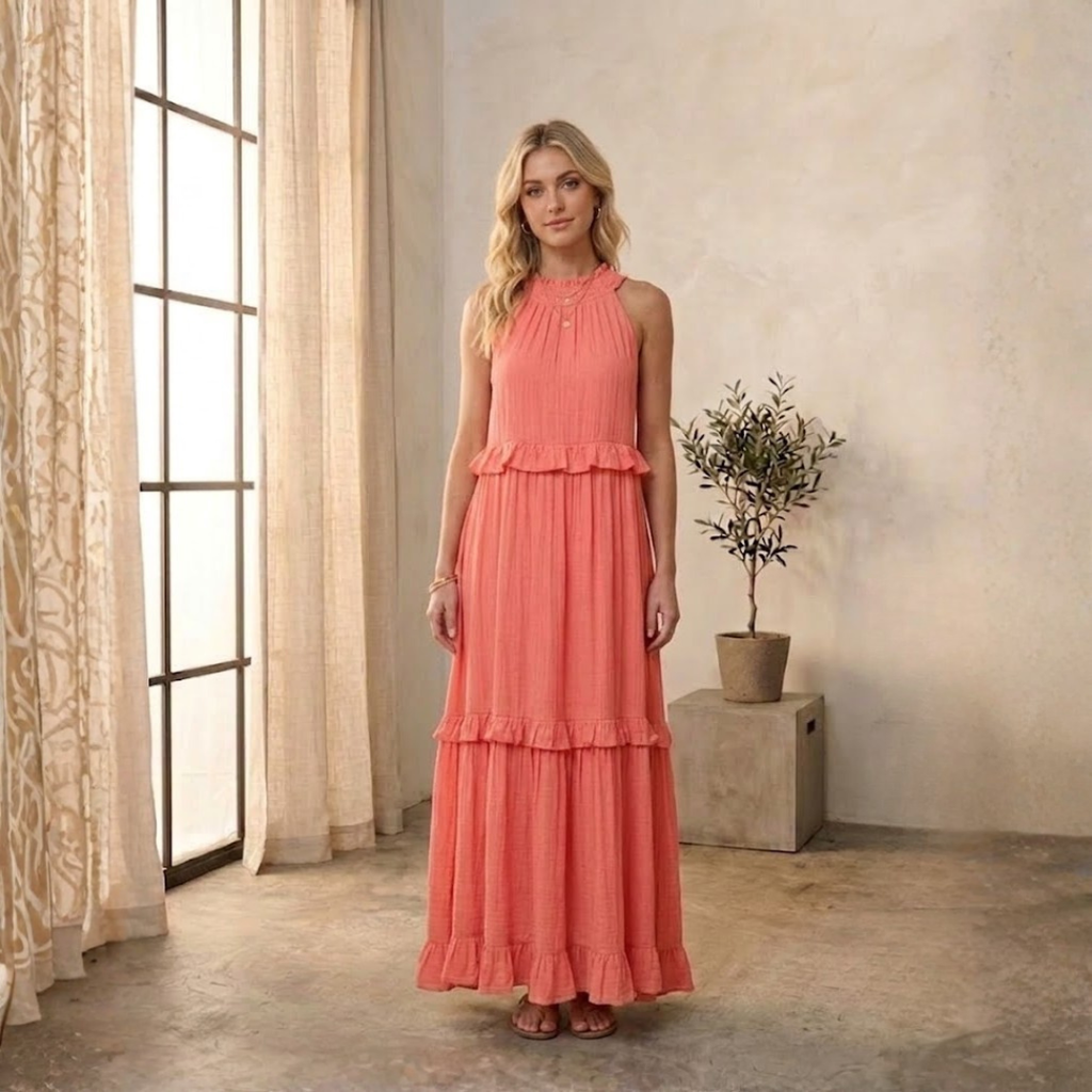 VESTIDO LARGO HALTER CON VOLANTES EN CASCADA "DIANA"