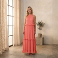 VESTIDO LARGO HALTER CON VOLANTES EN CASCADA "DIANA"