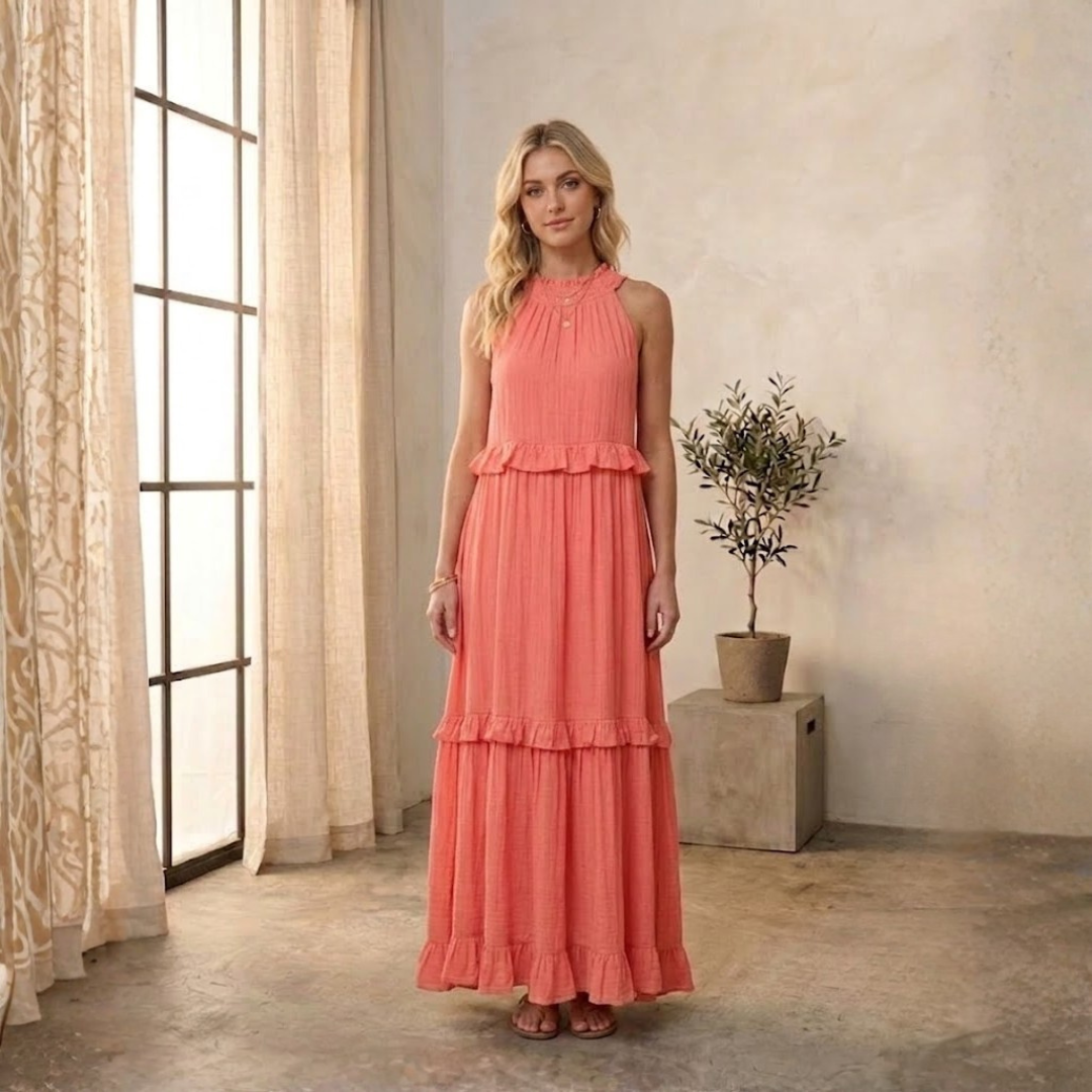 VESTIDO LARGO HALTER CON VOLANTES EN CASCADA "DIANA"