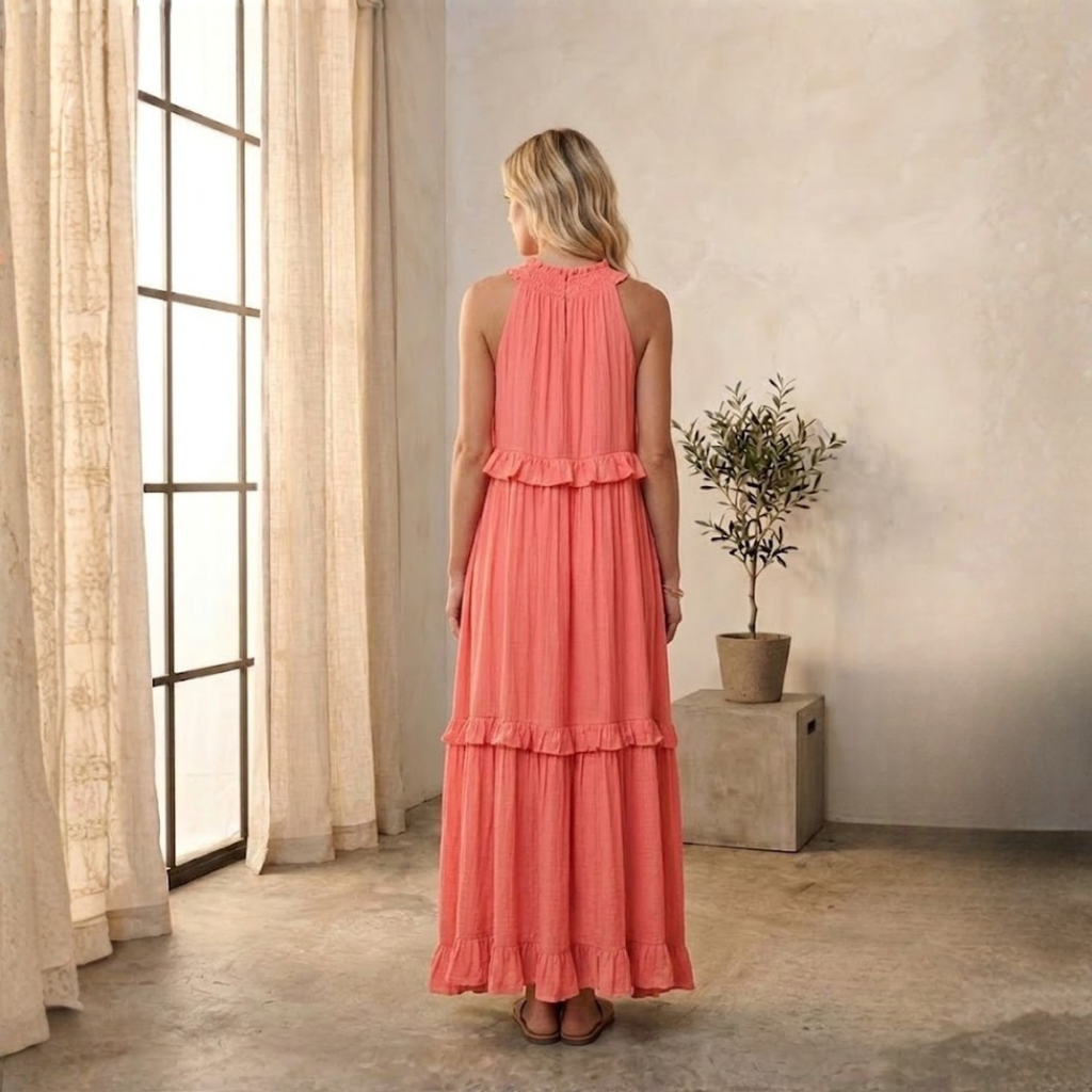 VESTIDO LARGO HALTER CON VOLANTES EN CASCADA "DIANA"