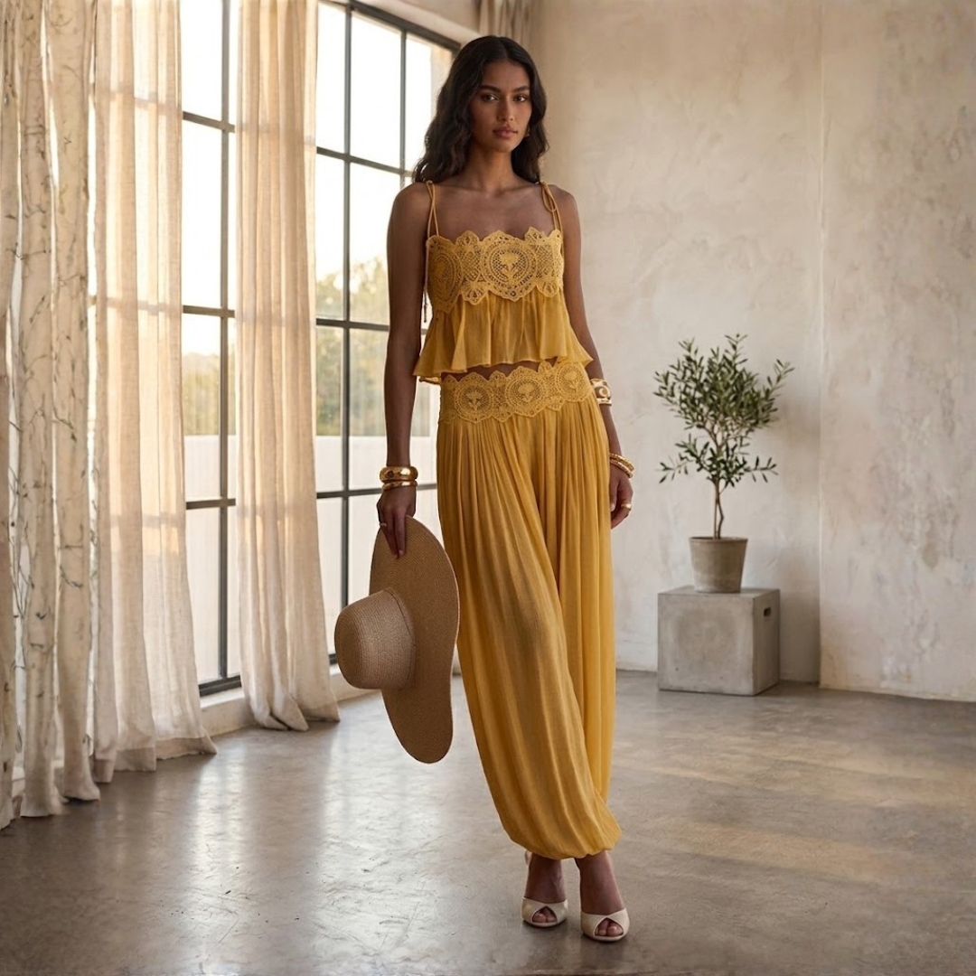 CONJUNTO DE TOP Y PANTALÓN ANCHO CON DETALLE DE ENCAJE "SOFIA"