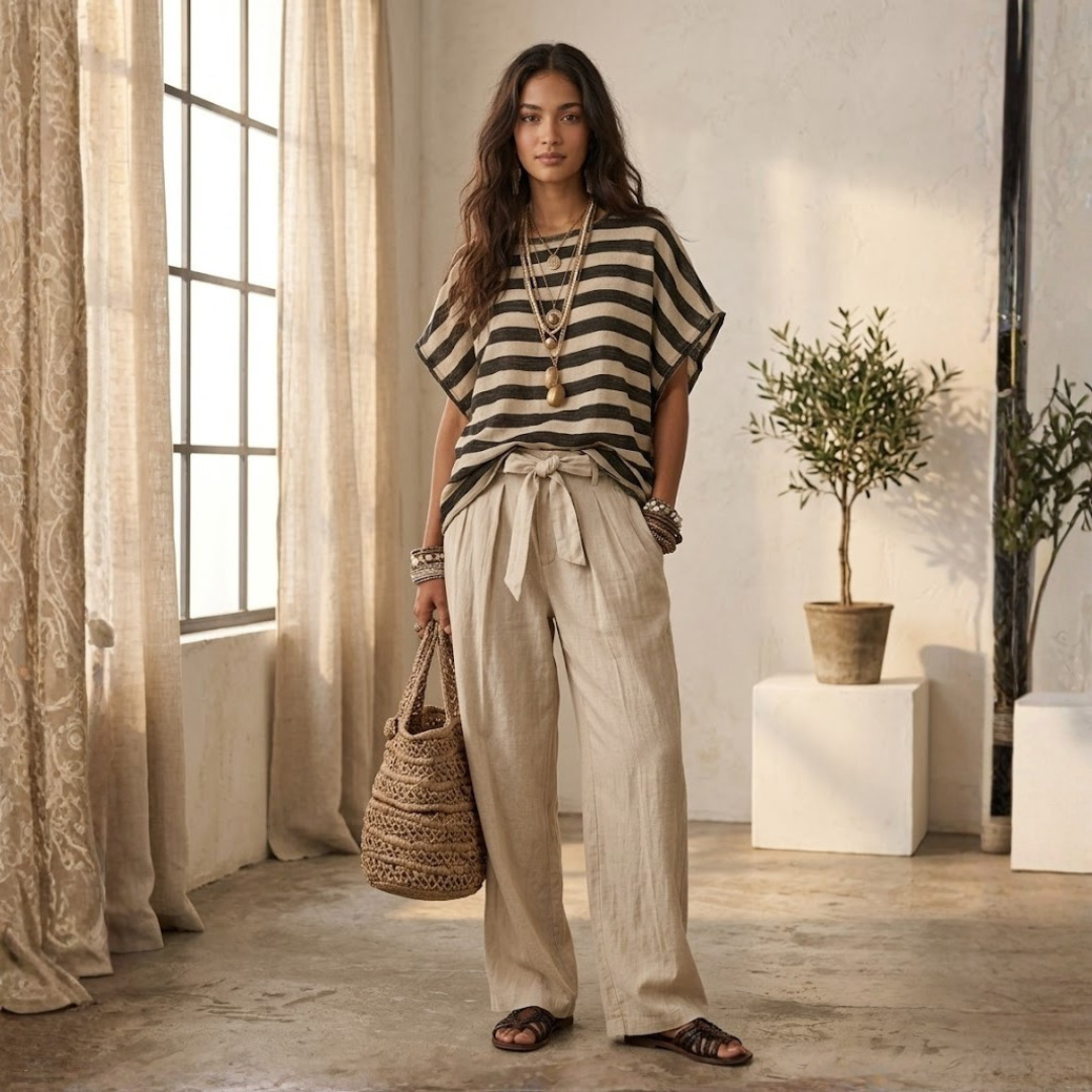 CONJUNTO DE CAMISETA A RAYAS Y PANTALÓN ANCHO CON LAZO "JULIA"