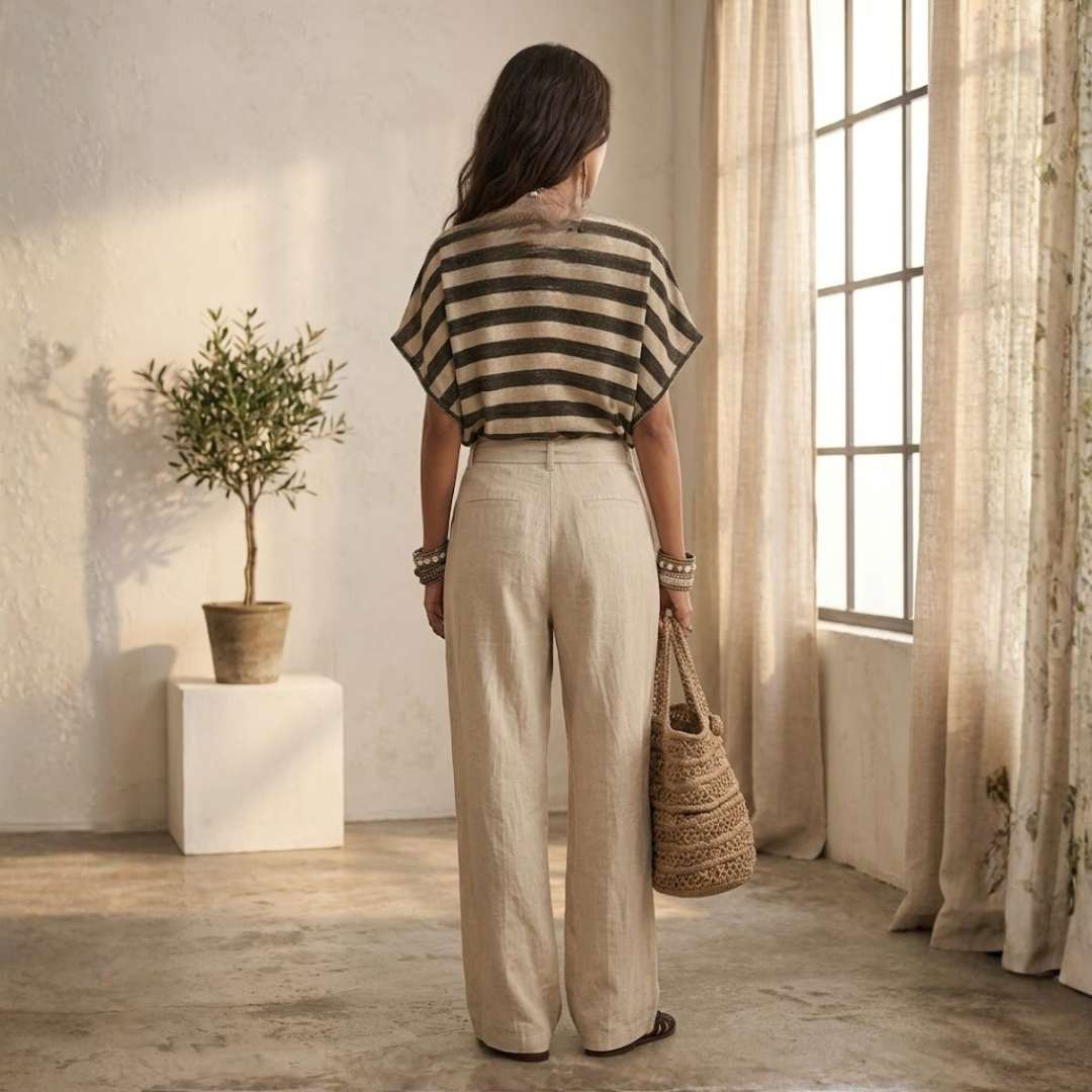 CONJUNTO DE CAMISETA A RAYAS Y PANTALÓN ANCHO CON LAZO "JULIA"