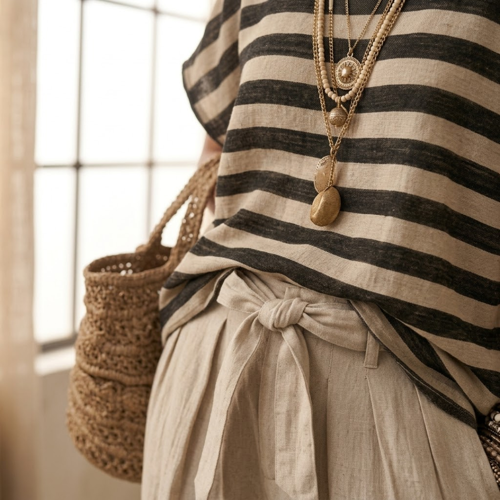 CONJUNTO DE CAMISETA A RAYAS Y PANTALÓN ANCHO CON LAZO "JULIA"