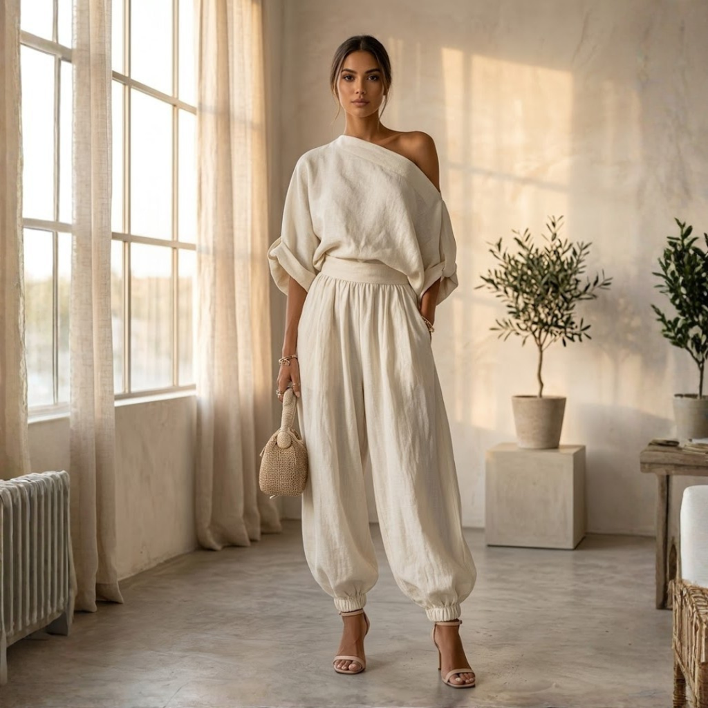 CONJUNTO ASIMÉTRICO DE BLUSA Y PANTALÓN "SIENA"