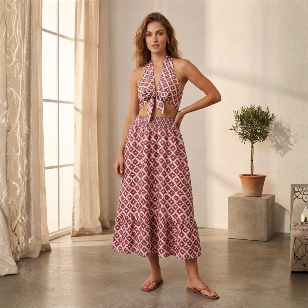 CONJUNTO DE TOP HALTER Y FALDA MIDI "AMBRA"
