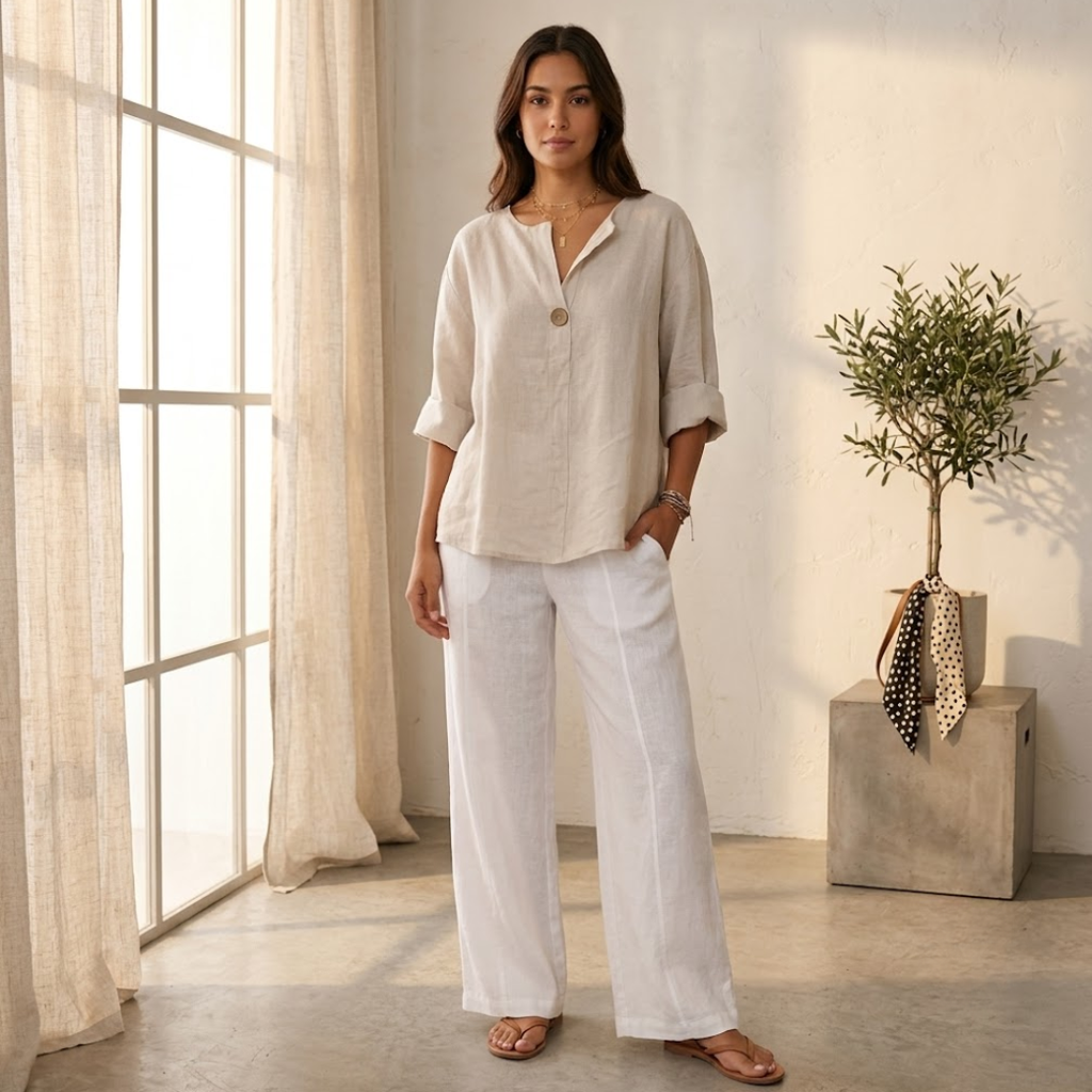 CONJUNTO DE BLUSA DE LINO Y PANTALÓN FLUIDO "GALIA"
