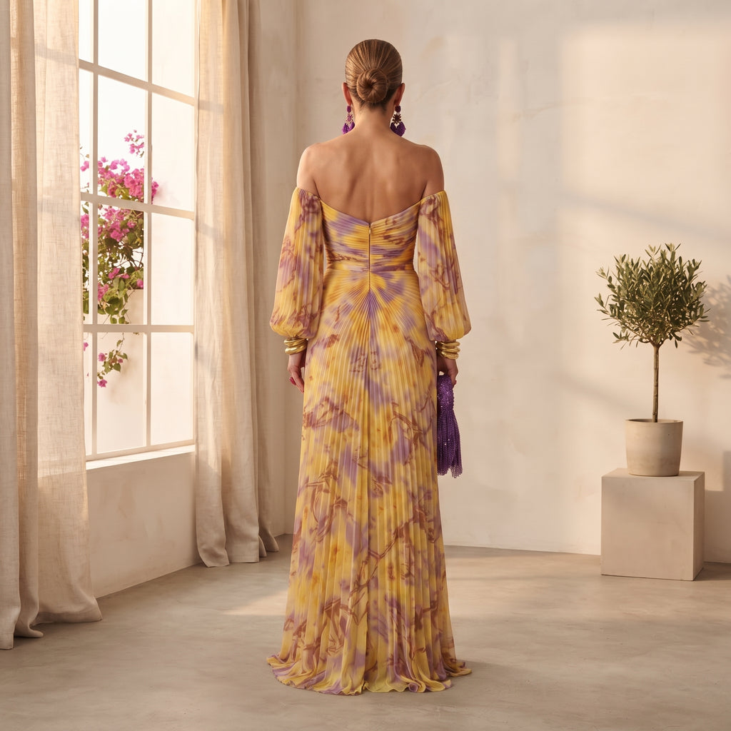 GREGORIA™ | VESTIDO LARGO PLISADO ESTAMPADO CON ESCOTE EN V