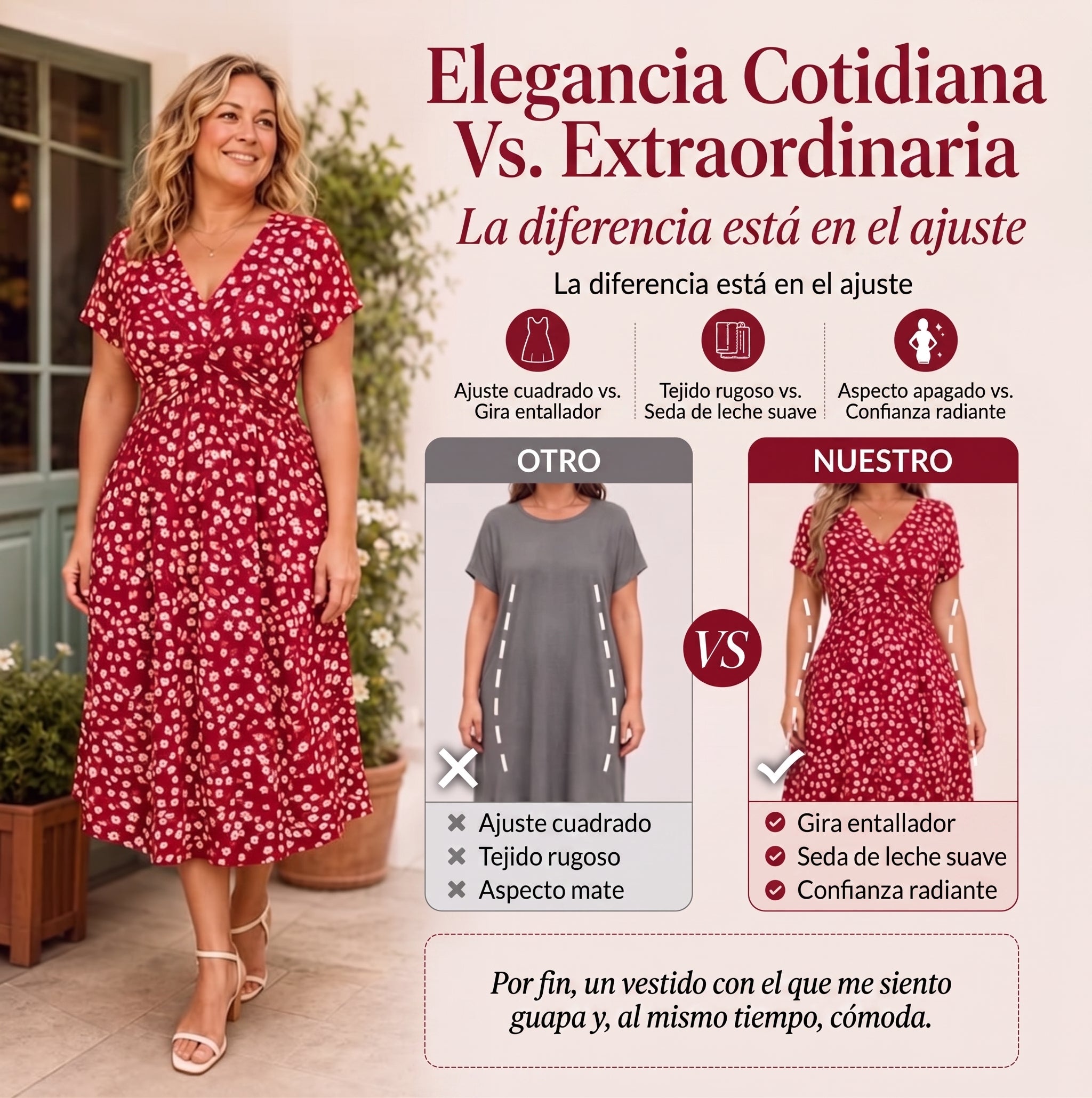 Elegante vestido de mujer con escote en V y estampado floral