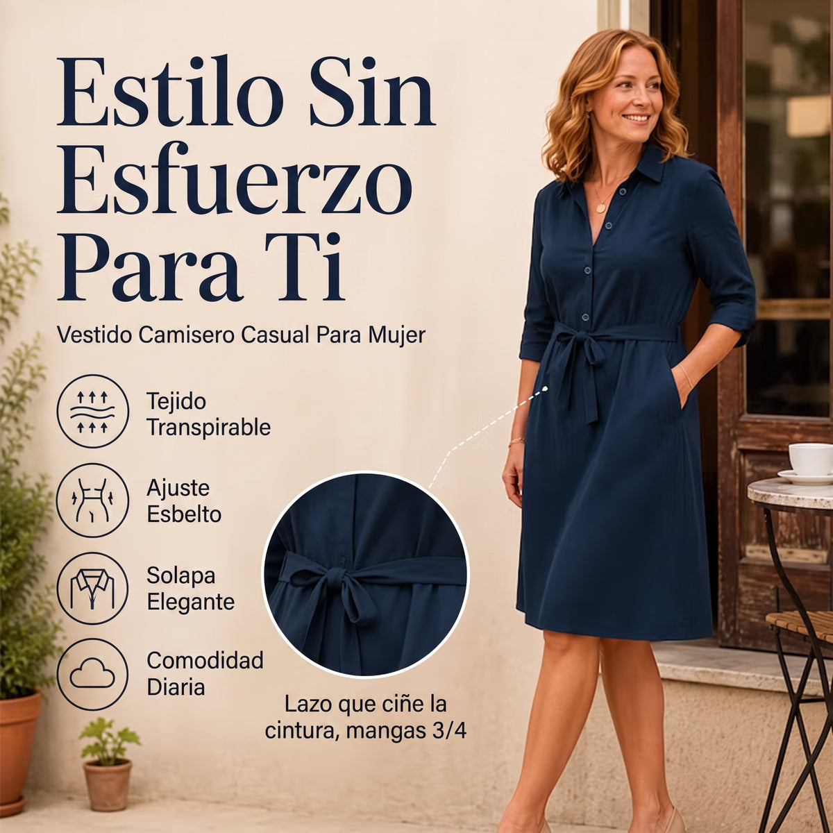 Vestido de mujer con cinturón y mangas tres cuartos