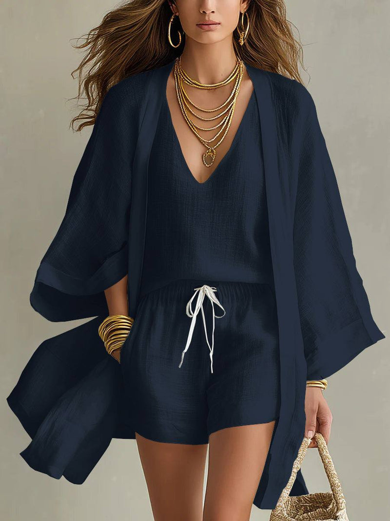 ALBA™ | CONJUNTO DE TRES PIEZAS DE TOP, SHORTS Y KIMONO