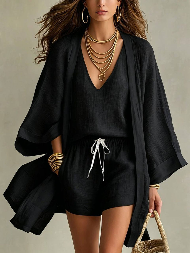 ALBA™ | CONJUNTO DE TRES PIEZAS DE TOP, SHORTS Y KIMONO
